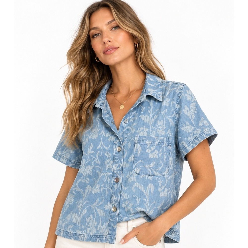 Bella Dahl Floral Jacquard Short Sleeve Button Down Shirt Blue L NWT